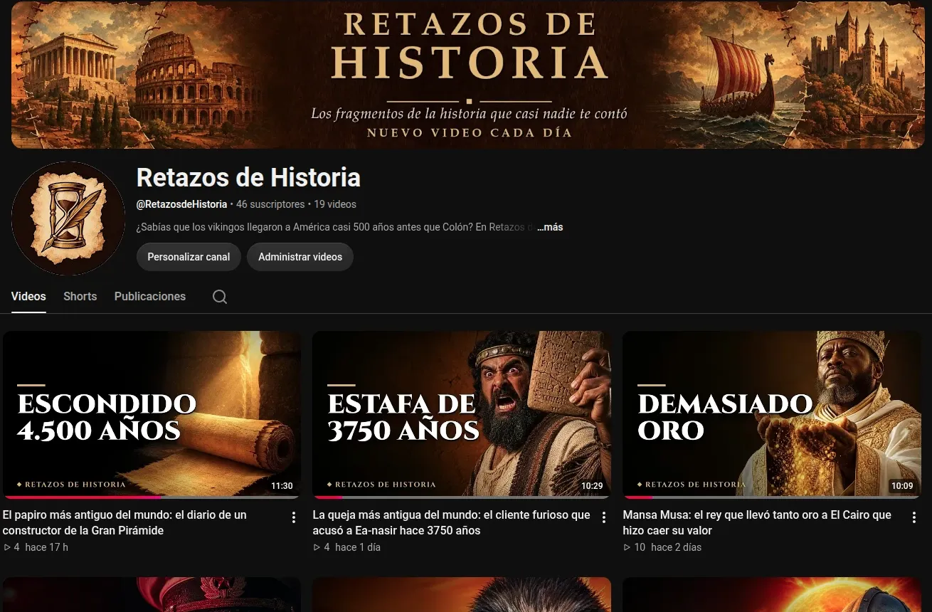 Canal de YouTube Retazos de Historia, con su portada y los videos más recientes.