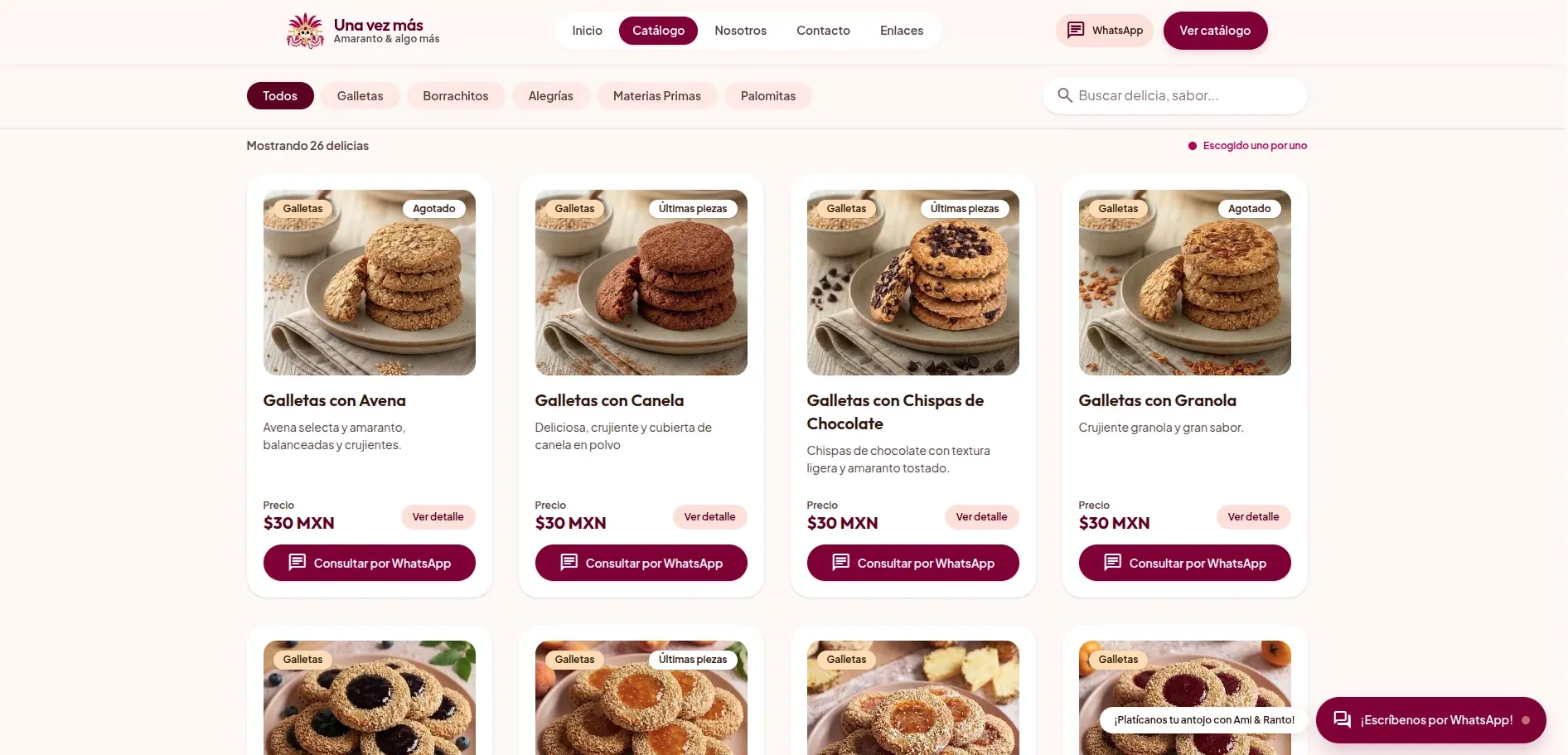 Catálogo del sitio de Una vez más, con filtros por categoría, disponibilidad de cada producto y botones para pedir por WhatsApp.
