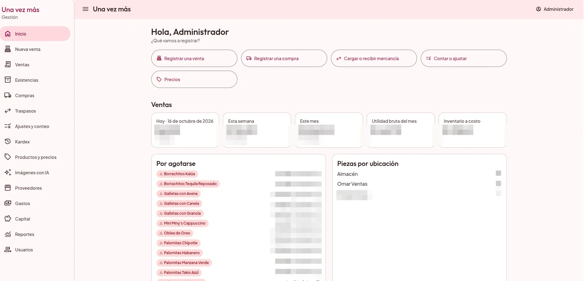 Pantalla de inicio del sistema de gestión de Una vez más, con accesos rápidos, resumen de ventas y productos por agotarse; las cifras están ocultas.